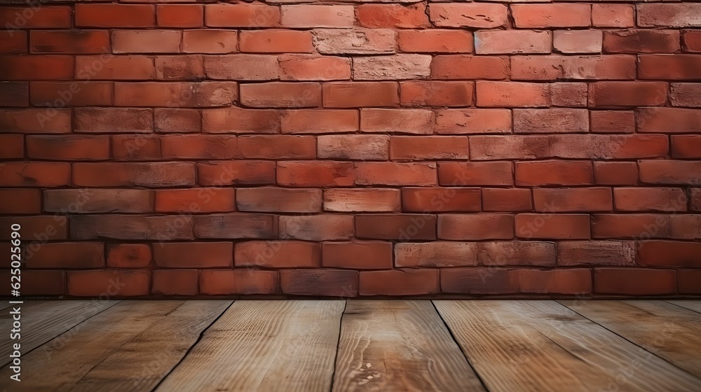 red brick wall with wooden floor for banner or product background with copyspace