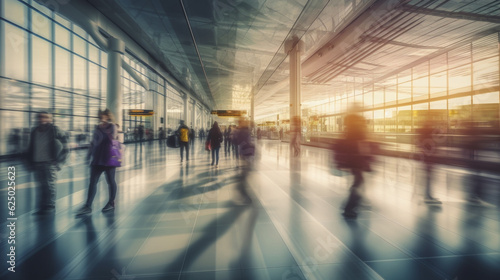 Blurred background of travelers or tourists walking in international terminal at the airport in a rushing hour. Generative AI.