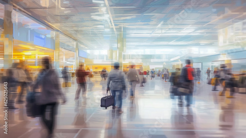Blurred background of travelers or tourists walking in international terminal at the airport in a rushing hour. Generative AI.