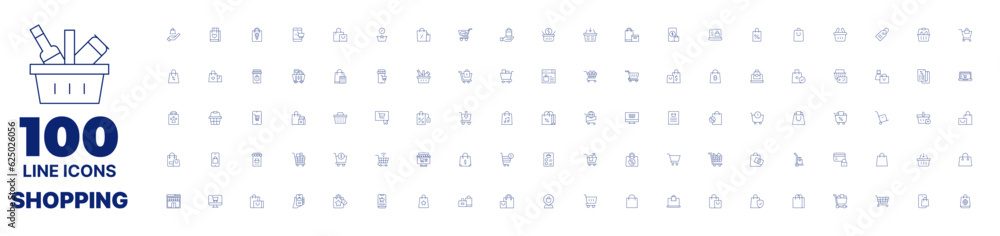 100 icons shopping collection. Thin line icon. Editable stroke. Containing shopping bag, shopping, online shopping, shopping cart, shopping basket, price tag, shopping bags, receipt, online shop.