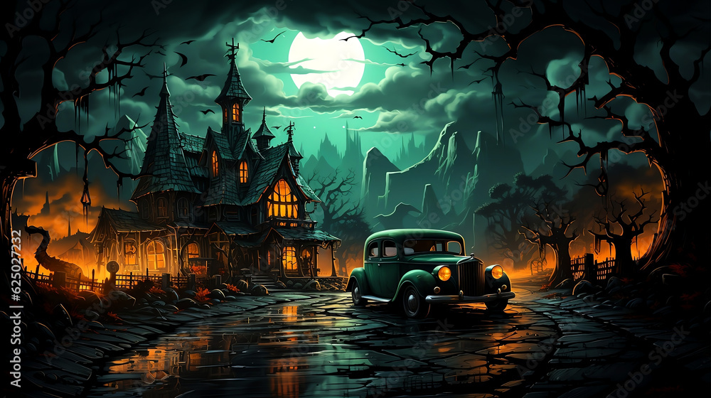 Halloween scene haunted mansion and hot rod under full moon - Generative AI - obrazy, fototapety, plakaty 