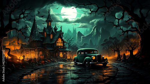 Leinwand Poster Halloween scene haunted mansion and hot rod under full moon - Generative AI