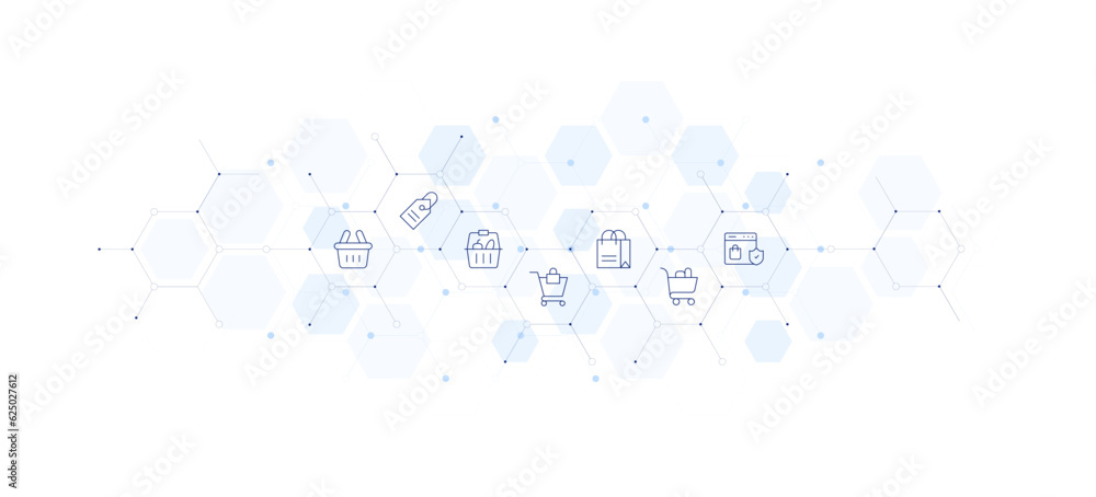Shopping banner vector illustration. Style of icon between. Containing shopping basket, price tag, shopping cart, shopping bag, window.
