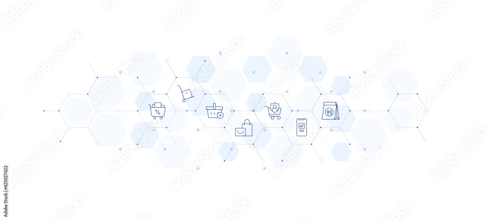 Shopping banner vector illustration. Style of icon between. Containing shopping cart, trolley, shopping basket, shopping, consumer, online shopping, takeaway.