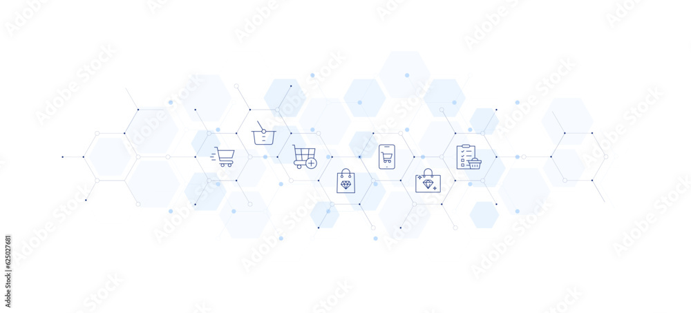 Shopping banner vector illustration. Style of icon between. Containing shopping, shopping cart, add to cart, shopping bag, mobile phone, jewelry, shopping list.