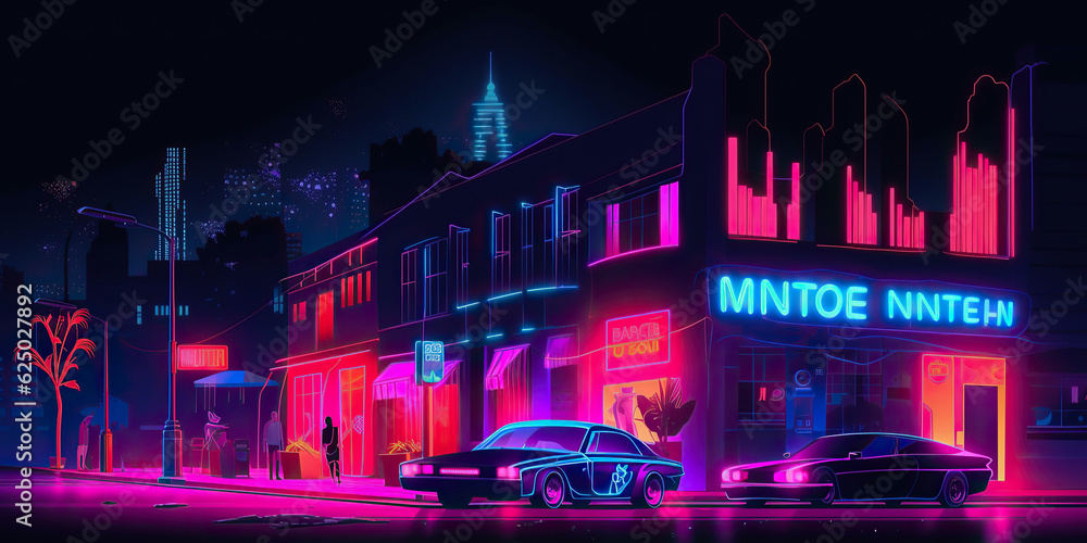 ai generated illustration night view city citycape, neon pink light, residential buildings