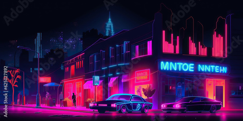 ai generated illustration night view city citycape, neon pink light, residential buildings