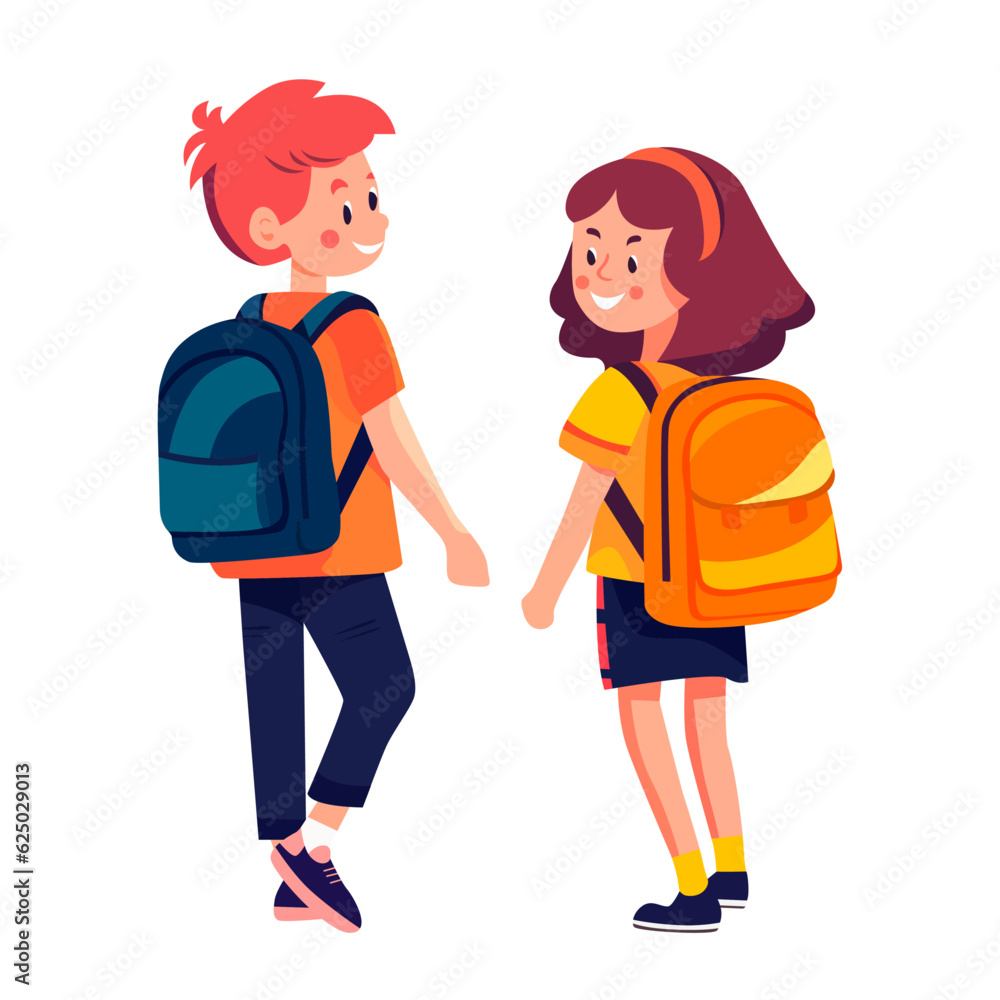 Two students with briefcases go to school.
Happy boy and girl.