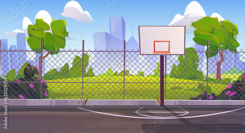 Sunny street basketball court cartoon background. School outdoor playground stadium near spring city park with green grass, tree and blooming bush illustration. outside sport arena for competition