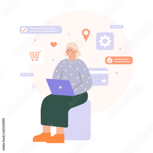 Cartoon adult woman sitting and holding laptop, looking for products in internet. Modern shopping via gadgets. Flat vector illustration in blue and red colors