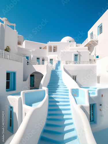AI Generated Art of Abstract Minimalist Architecture Background of santorini Greece Island Modern Futuristic style in Candy and Vivid Colour building under a Bright Blue Sky