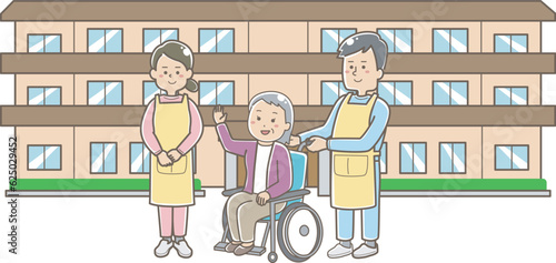 老人ホーム前に立っている介護スタッフと高齢者
