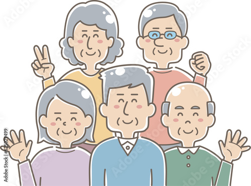 集合してポーズしている高齢者