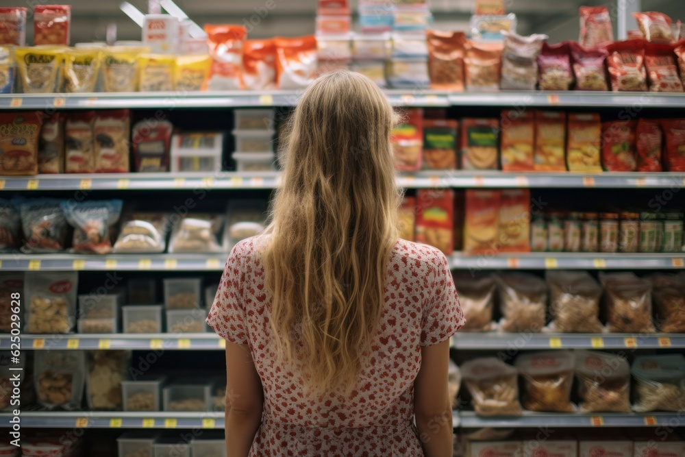 beautiful girl in grocery store .healthy food. generative ai.