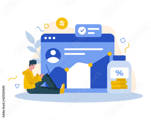 Male with laptop saving money, using online banking. Payments for purchases and services with different gadgets. Financial investments. Flat vector illustration in cartoon style