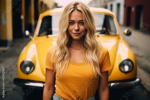 beautiful blonde girl stands in front of a retro yellow car. travel. generative ai.