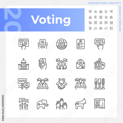 Pixel perfect voting thin line icons set, isolated vector illustration representing election, editable symbols