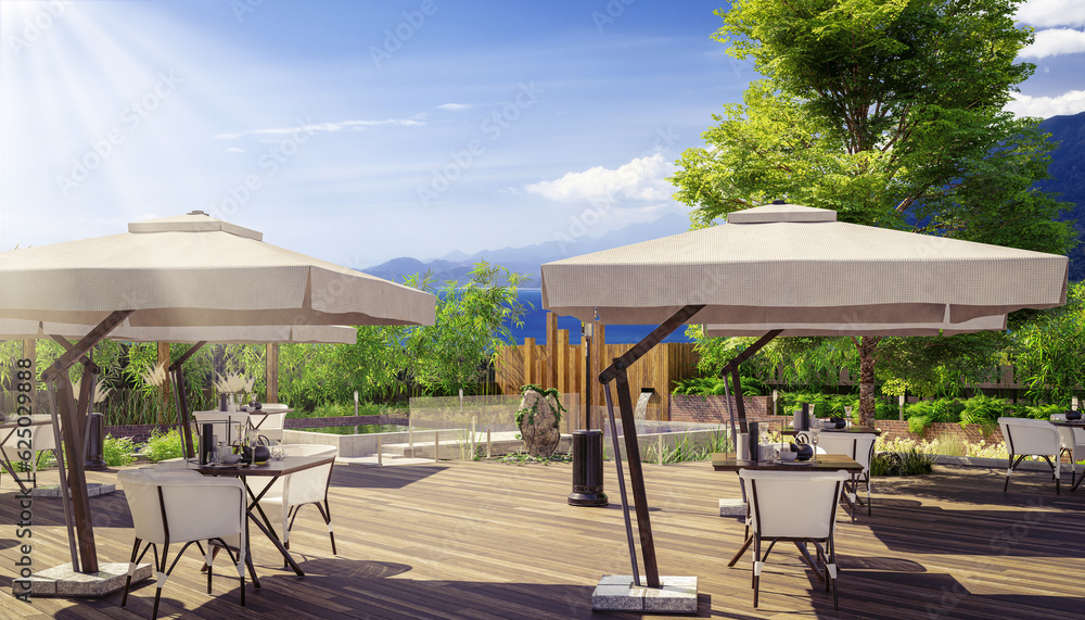 Resort & Restaurant Area with Outdoor Greening and Beautifull View Over the Sea - 3D Visualization