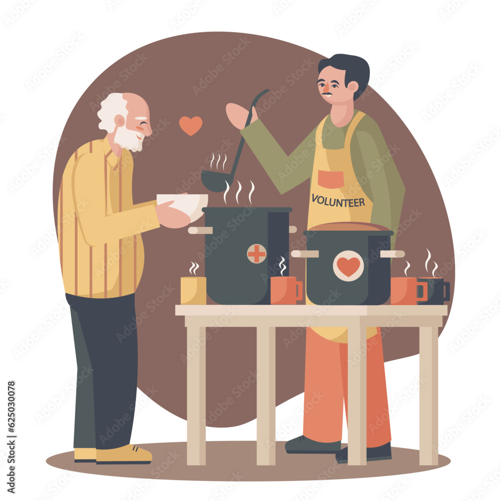 Young male in apron standing near table and share food. Volunteer helps with food for poor old people concept. Voluntary community assistance to people. Flat vector illustration in cartoon style Young male in apron standing near table and share food. Volunteer helps with food for poor old people concept. Voluntary community assistance to people. Flat vector illustration in cartoon style
