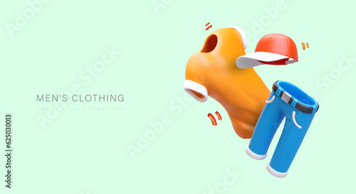 Men clothes. Realistic t shirt, baseball cap, jeans. Poster with floating colored objects. Concept for store of sports, everyday clothes. Place for advertising text, title