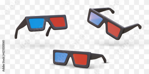 Set of realistic stereo glasses for watching videos in 3D format. Anaglyph glasses with red and blue glass. Isolated vector image. Icons for applications, cinema sites