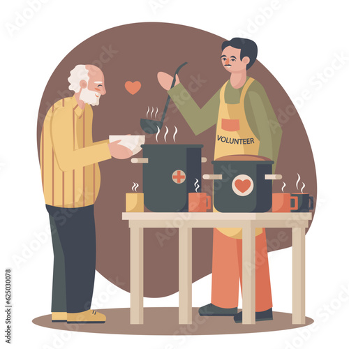 Young male in apron standing near table and share food. Volunteer helps with food for poor old people concept. Voluntary community assistance to people. Flat vector illustration in cartoon style