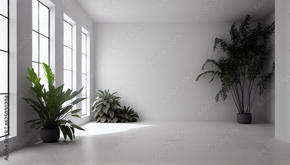 Modern interior design of living room, White walls in an empty room with lovely plants lying on their sides on the floor, Ai generated image Modern interior design of living room, White walls in an empty room with lovely plants lying on their sides on the floor, Ai generated image