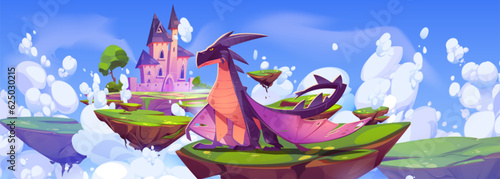 Fantasy castle and magic dragon floating on islands in sky. Vector cartoon illustration of fantastic reptile animal guarding dreamland with fairy tale fortress on pieces of land flying in clouds