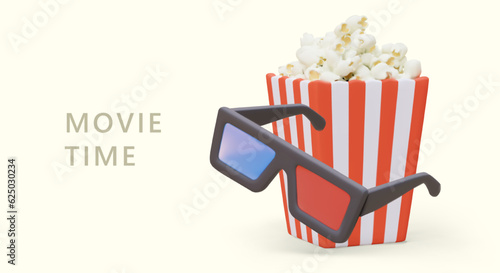 3D anaglyph glasses, square popcorn bucket. Movie time. Cartoon style banner with text. Color template for video salon, rental, online theatre. Fast food for cinema