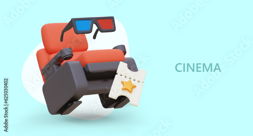 Chair for watching 3D movies. Comfortable seat with headrest and armrests. Realistic anaglyph glasses, gold star ticket. Advertising of cinema services