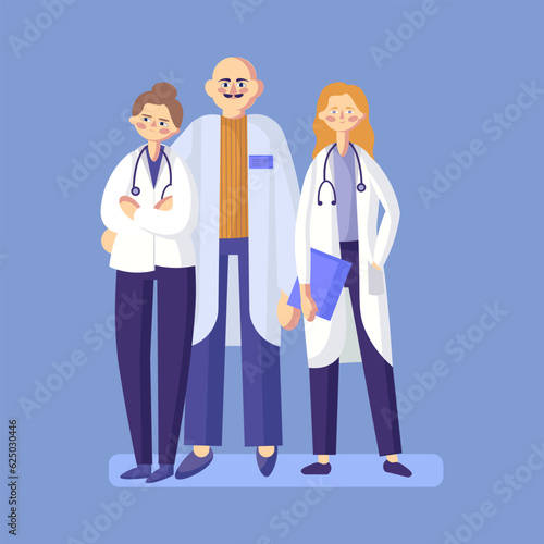 Group of qualified healthcare professionals in uniforms. Different medical workers ready to help patient. Time for making treatment online. Remote meeting with therapist. Vector flat illustration