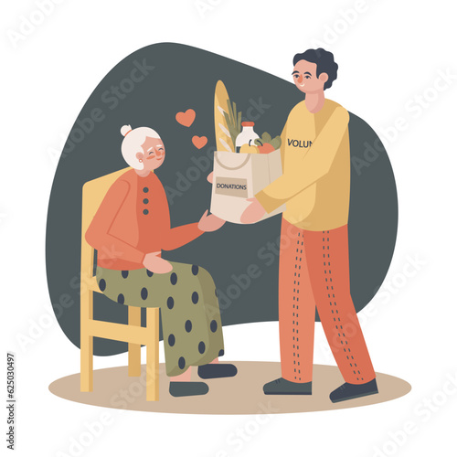 Smiling man holding bag with food and share with woman. Volunteer helps with food for poor old people concept. Voluntary community assistance to people. Flat vector illustration in cartoon style