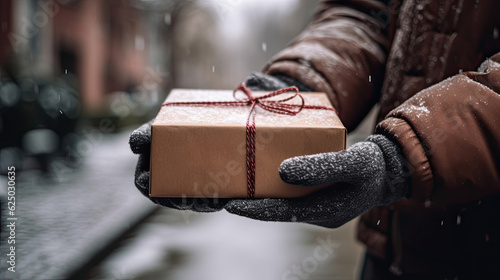 Close up on a delivery man's hands holding a brown package in winter and snow. Shipping, delivery and delivery concept image.