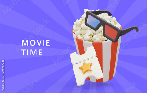 Movie time. Bright commercial poster with text. 3D cup of popcorn, anaglyph glasses, tear off ticket. Symbols for convenient movie viewing. Concept on background of violet rays
