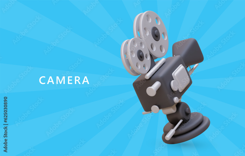Realistic large video camera with controls. Retro equipment with magnetic tape recording. Concept on blue background. Operator services, camera mechanics. Rental of modern and vintage tools Realistic large video camera with controls. Retro equipment with magnetic tape recording. Concept on blue background. Operator services, camera mechanics. Rental of modern and vintage tools