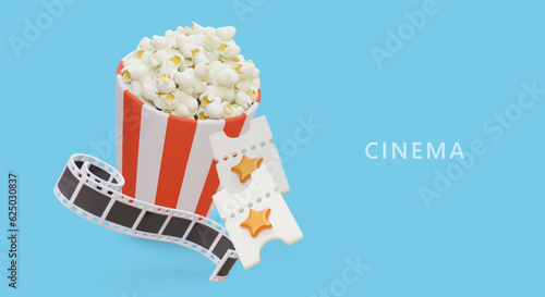 Round striped cup filled with popcorn, film strip, tickets with gold stars. Pleasant leisure. Advertising of cinema, website. Online ticket purchase service