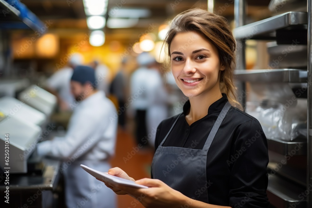 Portrait of a female food factory supervisor using a tablet and smiling at the camera Portrait of a female food factory supervisor using a tablet and smiling at the camera