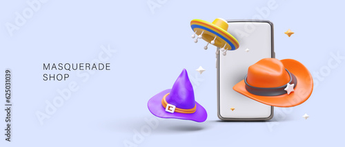 Masquerade hats. Mobile application for buying non standard headwear. Festive, carnival accessories, cosplay items. Thematic hats. Advertising poster with text