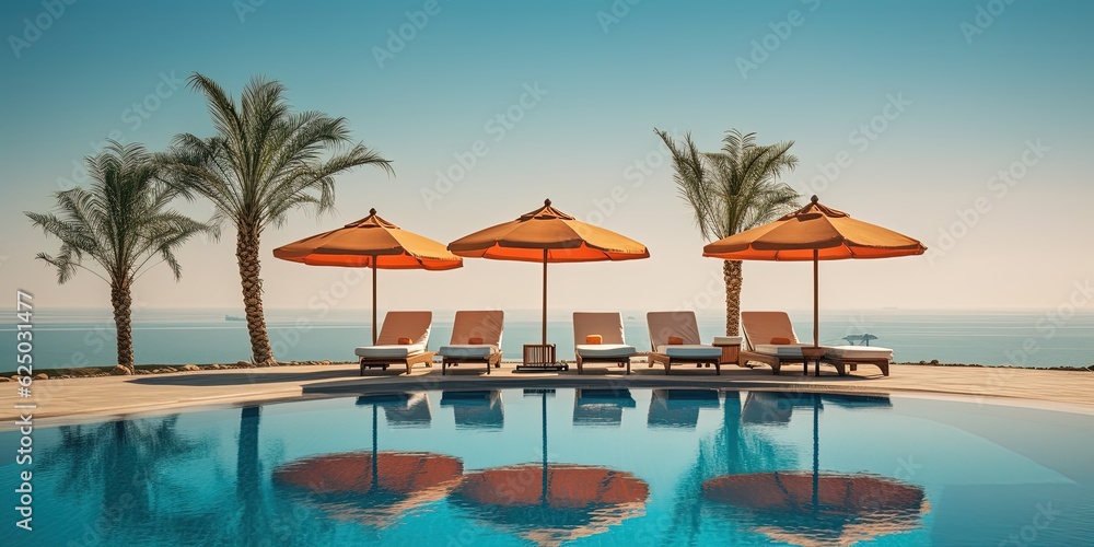 Luxurious swimming pool and loungers umbrellas near beach and sea with palm trees and blue sky