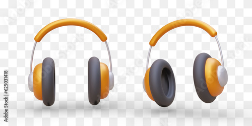 Realistic vector over ear headphones, view from different sides. Gold, black accessories for listening to music. Isolated images. Wireless personal equipment