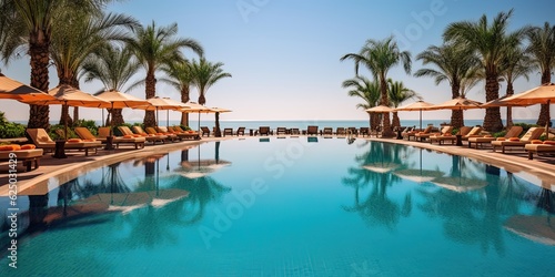 Luxurious swimming pool and loungers umbrellas near beach and sea with palm trees and blue sky © Savinus