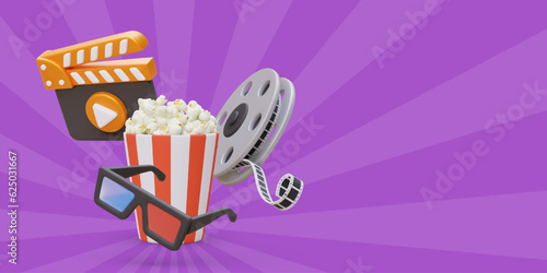 Cinema concept. Start watching new movie. 3D film reel, popcorn bucket, anaglyph glasses, clapperboard. Modern cultural entertainment poster. Fun and tasty