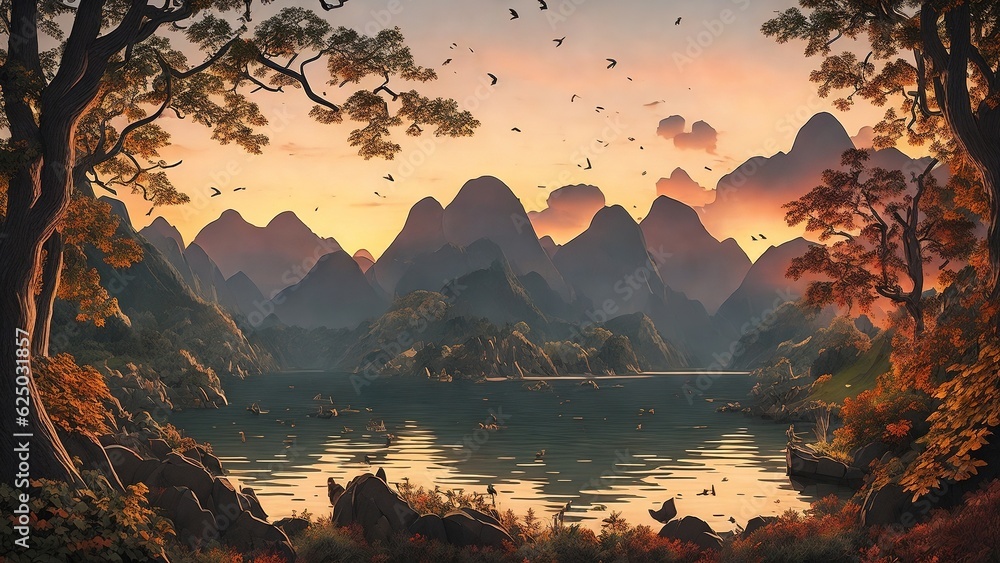 Fantasy Landscape Background art, autumn landscape, landscape with mountain