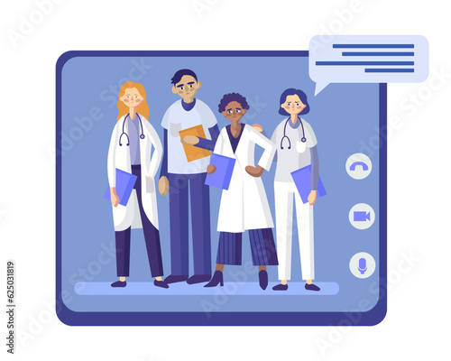Group of qualified healthcare professionals in uniforms and with clipboards in hands. Time for making treatment online. Remote meeting with therapist. Vector flat illustration in blue colors