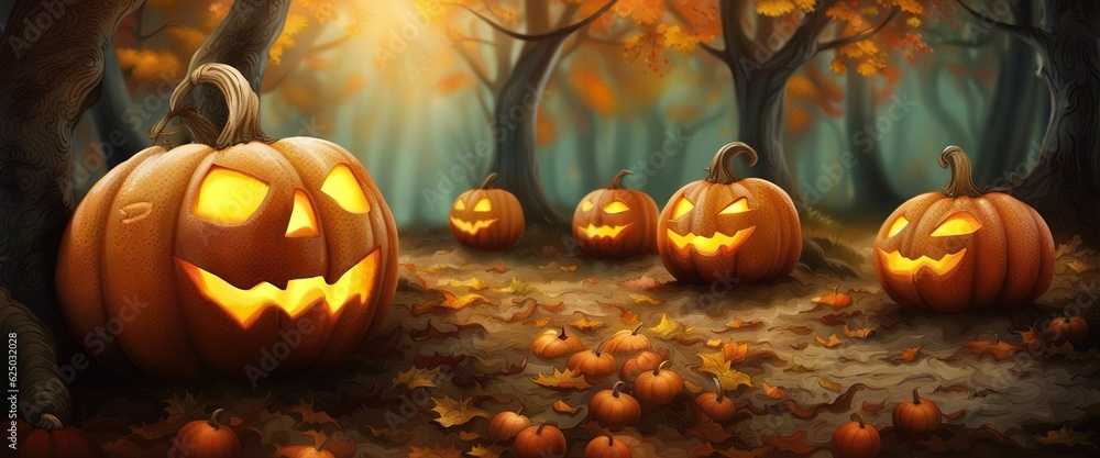 Halloween pumpkin in dark autumn forest halloween celebration background - obrazy, fototapety, plakaty 