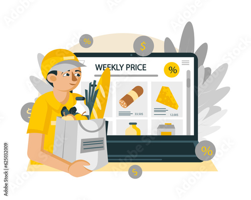 Male delivering food. Young man holding groceries in online store. Home food delivery. Buyer involved in virtual shopping. Flat vector illustration in cartoon style