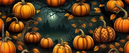 Halloween pumpkin in dark autumn forest halloween celebration background