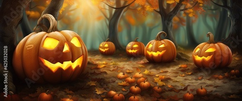 Halloween pumpkin in dark autumn forest halloween celebration background