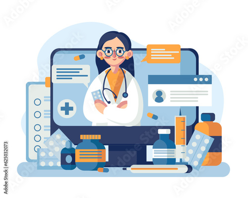Cartoon female physician consulting anonymous person remotely. Time for making treatment online. Remote medical consultation via Internet. Vector flat illustration in blue colors