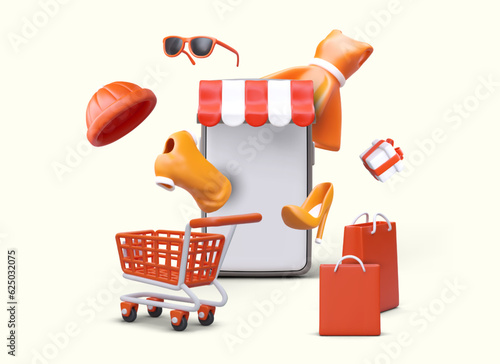 Online shopping advertising. Mobile application of store. Clothes, shoes, hats. Huge smartphone with blank screen, shopping cart, packages. Bright concept with floating 3D elements